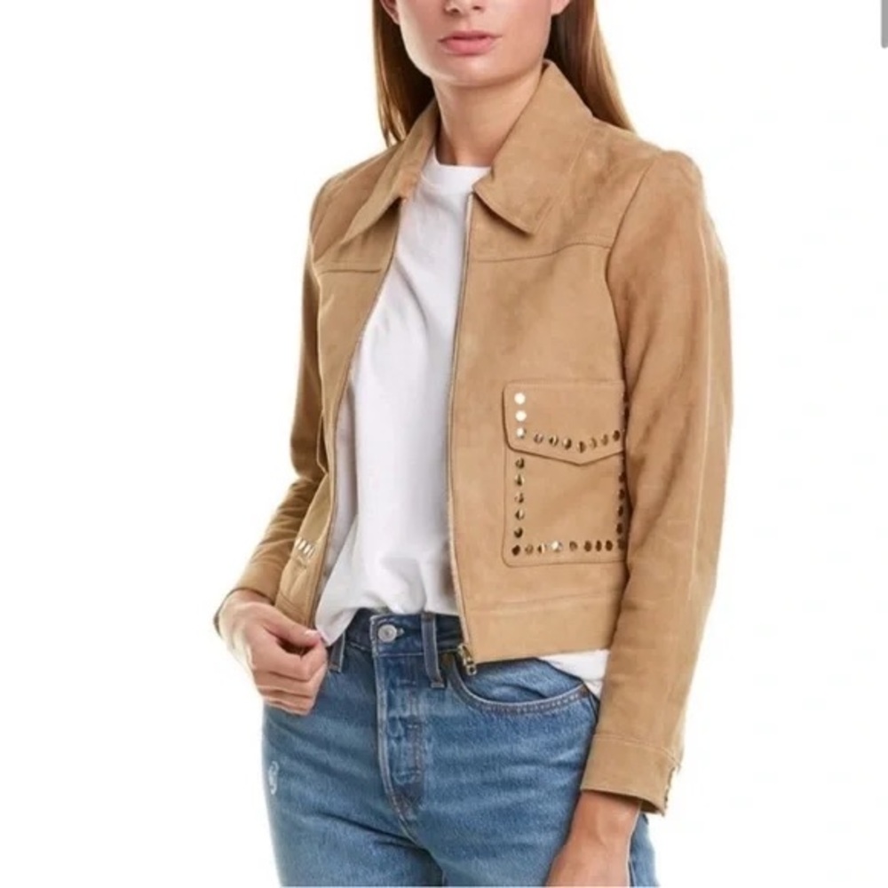 Sandro Paris Tan Suede Jacket with Studded Pockets